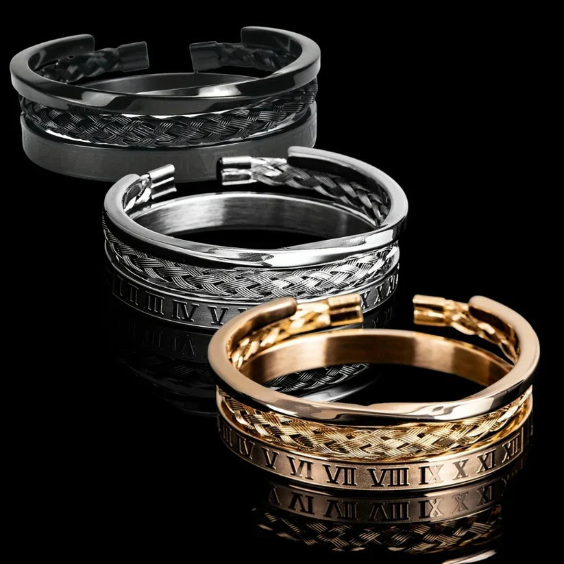 Juego de Pulseras Triple Estilo Romano en Acero