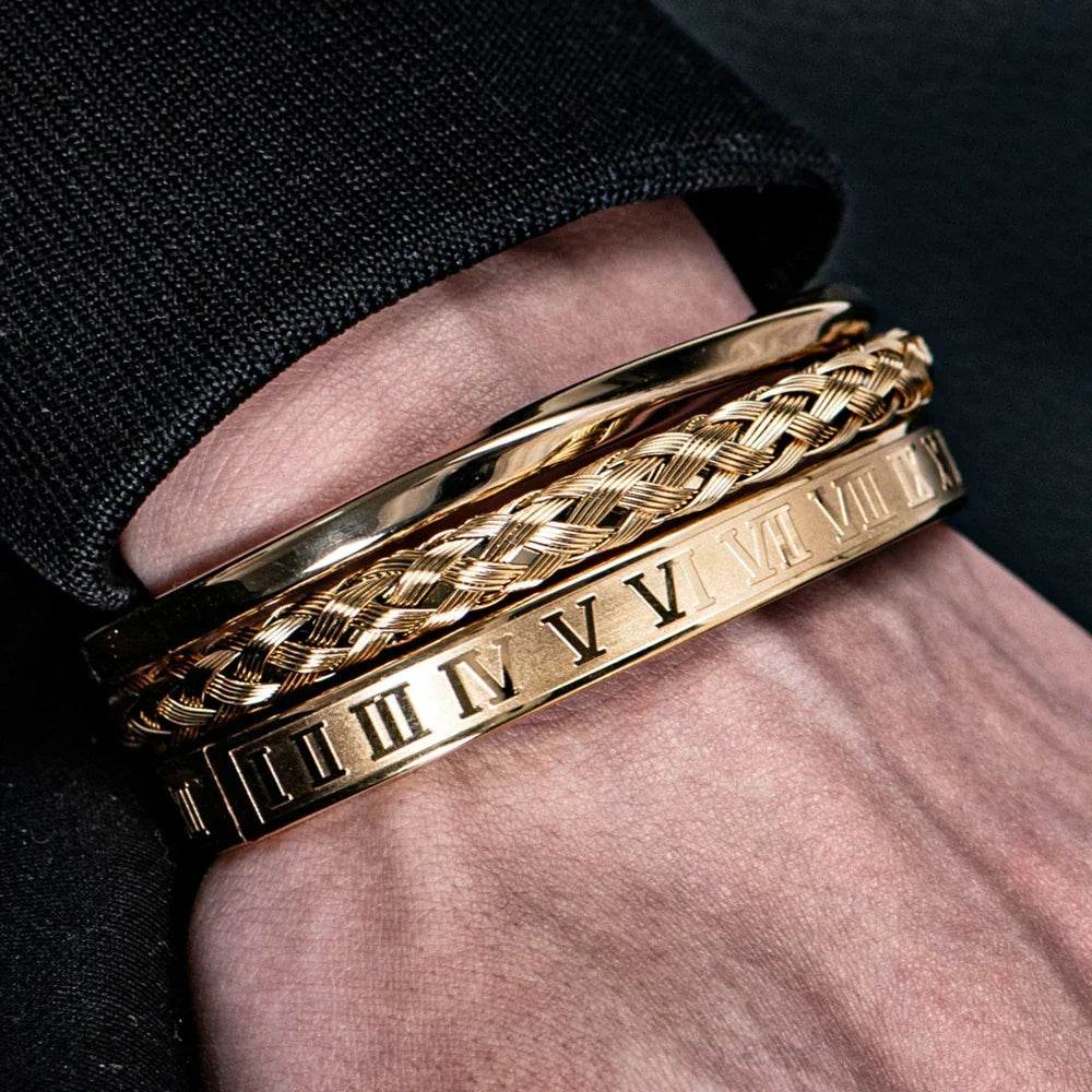 Juego de Pulseras Triple Estilo Romano en Acero