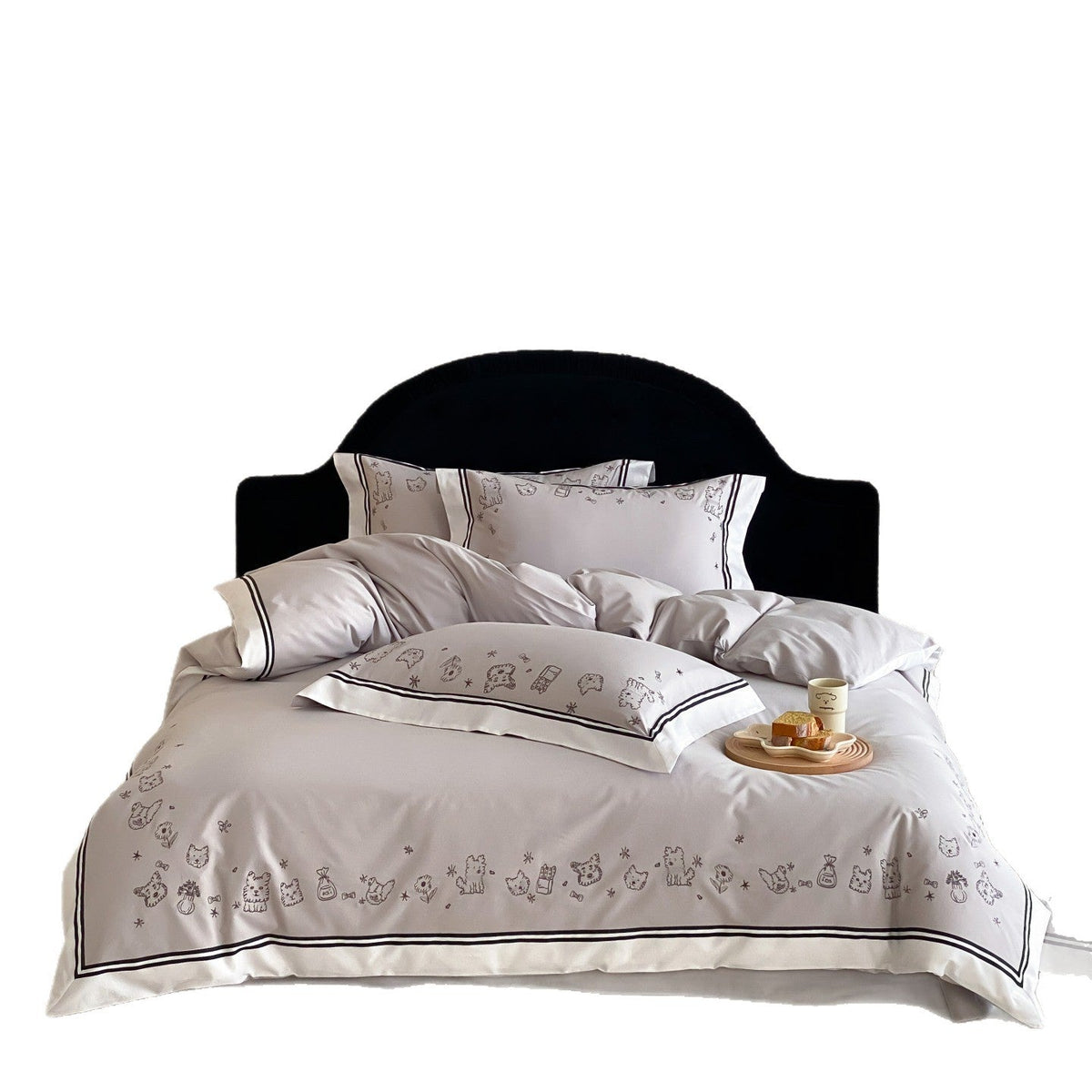 Juego de ropa de cama de satén de algodón con bordado de bocetos de perros adorables y ribete a contraste