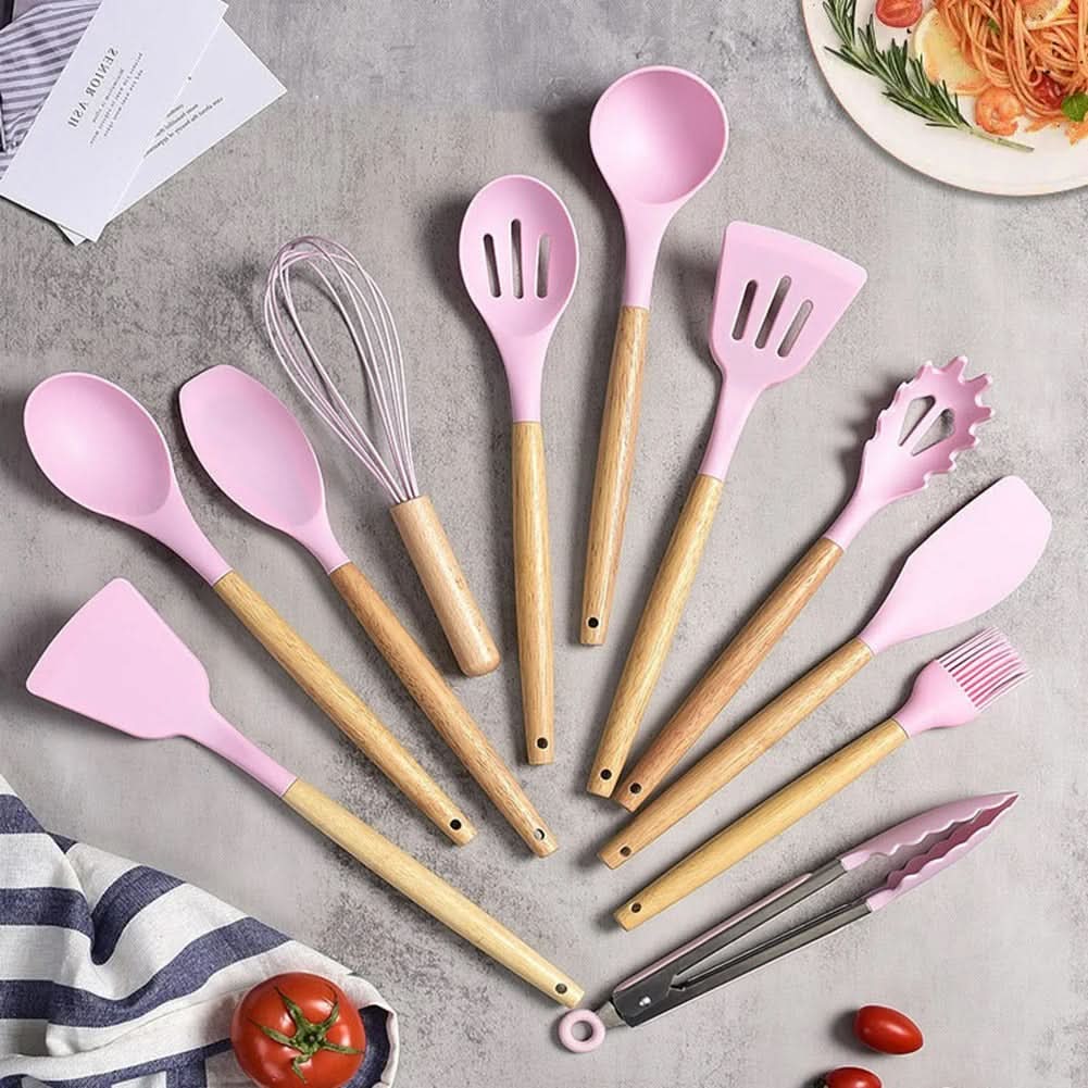 Juego de utensilios de cocina de silicona no tóxica y libre de BPA con mangos de madera