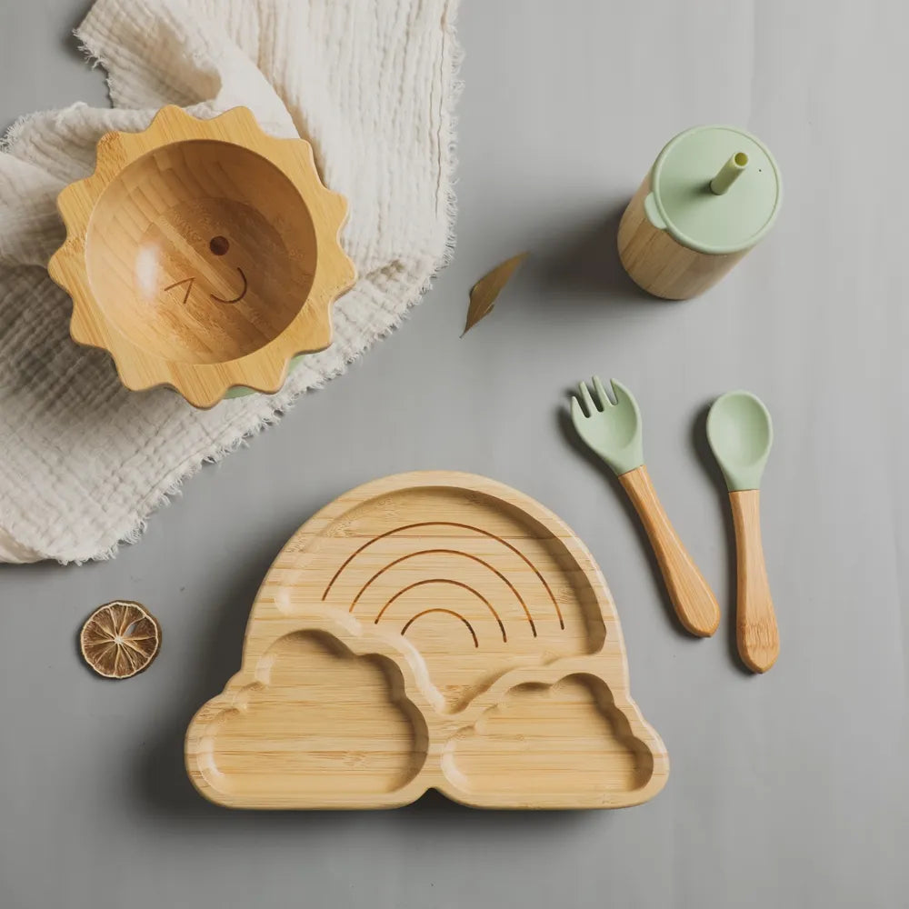 Juego de vajilla de bambú con ventosa para bebé: platos y cuencos seguros y elegantes para niños pequeños