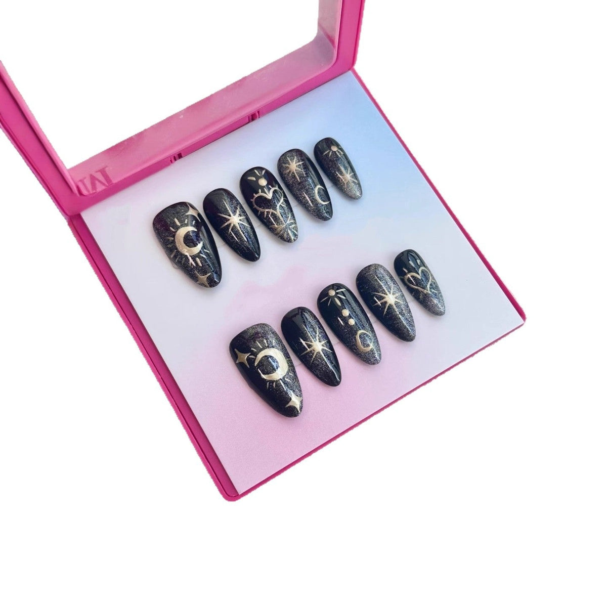 Kit de uñas postizas press-on con diseños celestiales y metálicos