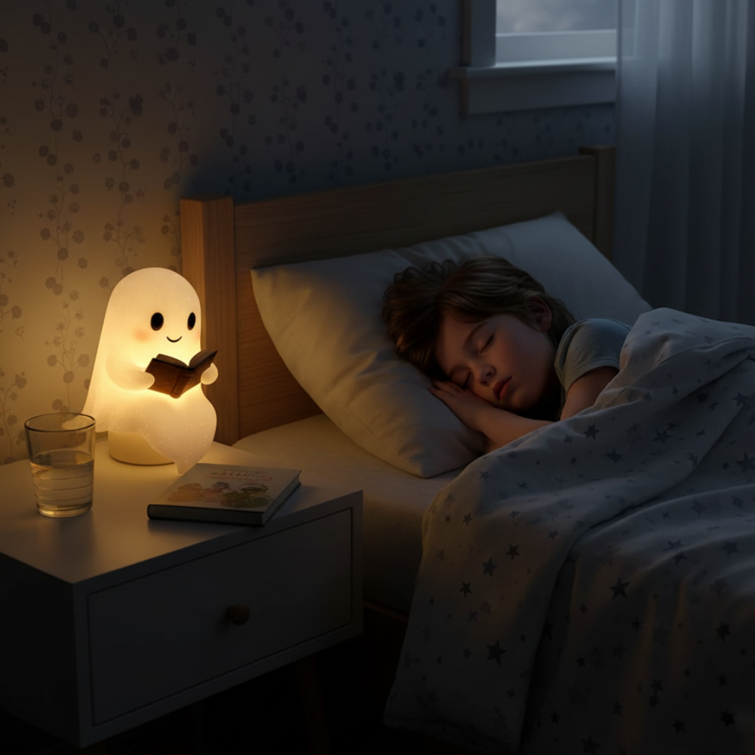 Lámpara pequeña con forma de fantasma que aporta calidez y luz