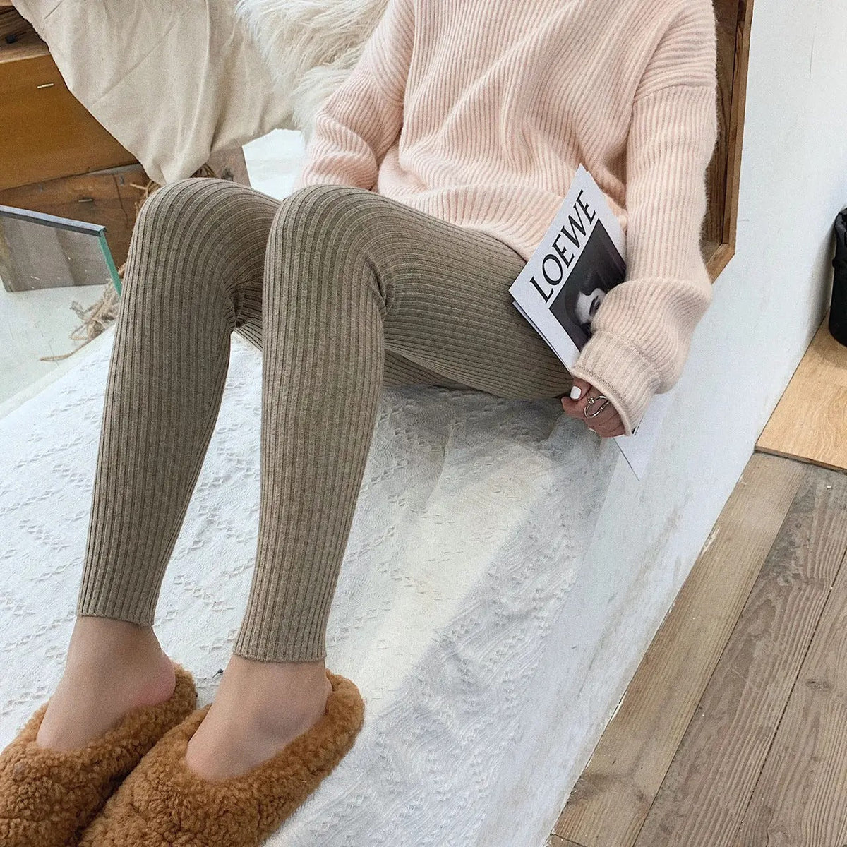 Leggings de punto acanalado de talle alto para mujer