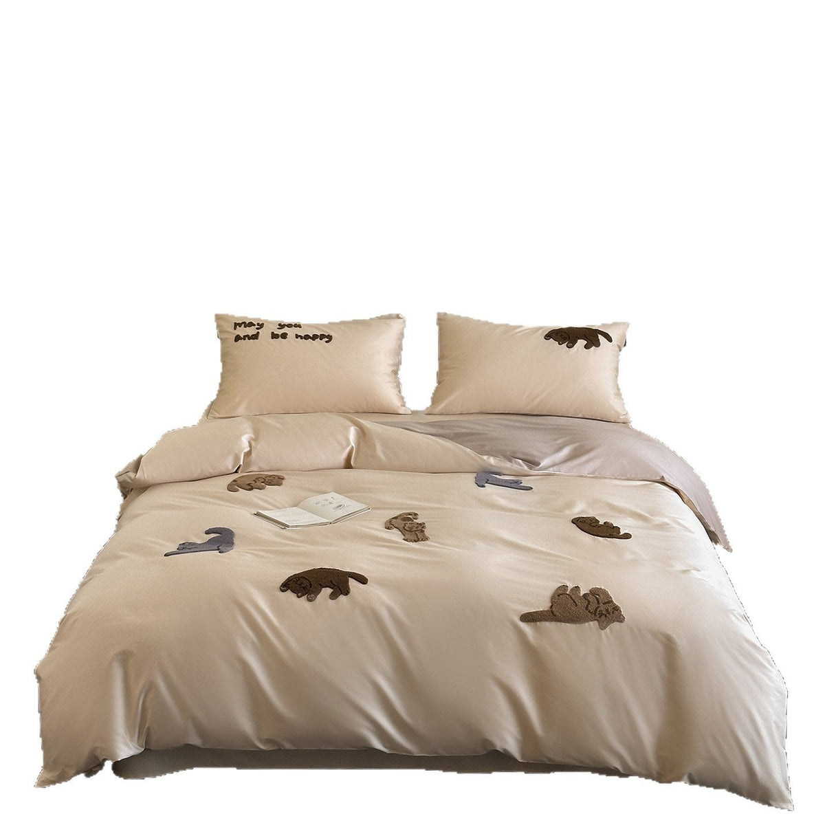 Lujoso juego de ropa de cama de efecto satén con apliques de animales de peluche