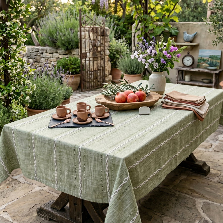 Mantel para mesa de comedor rústico a rayas de algodón y lino con un diseño elegante