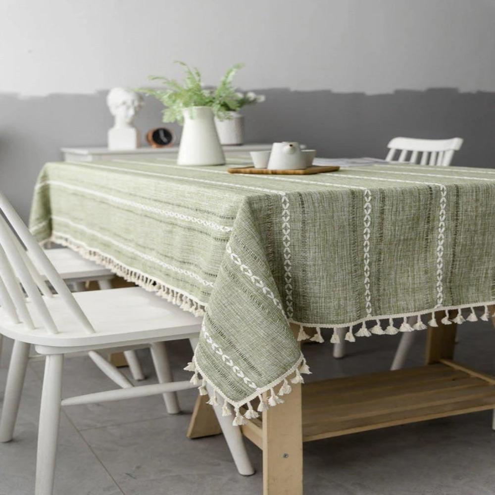 Mantel para mesa de comedor rústico a rayas de algodón y lino con un diseño elegante