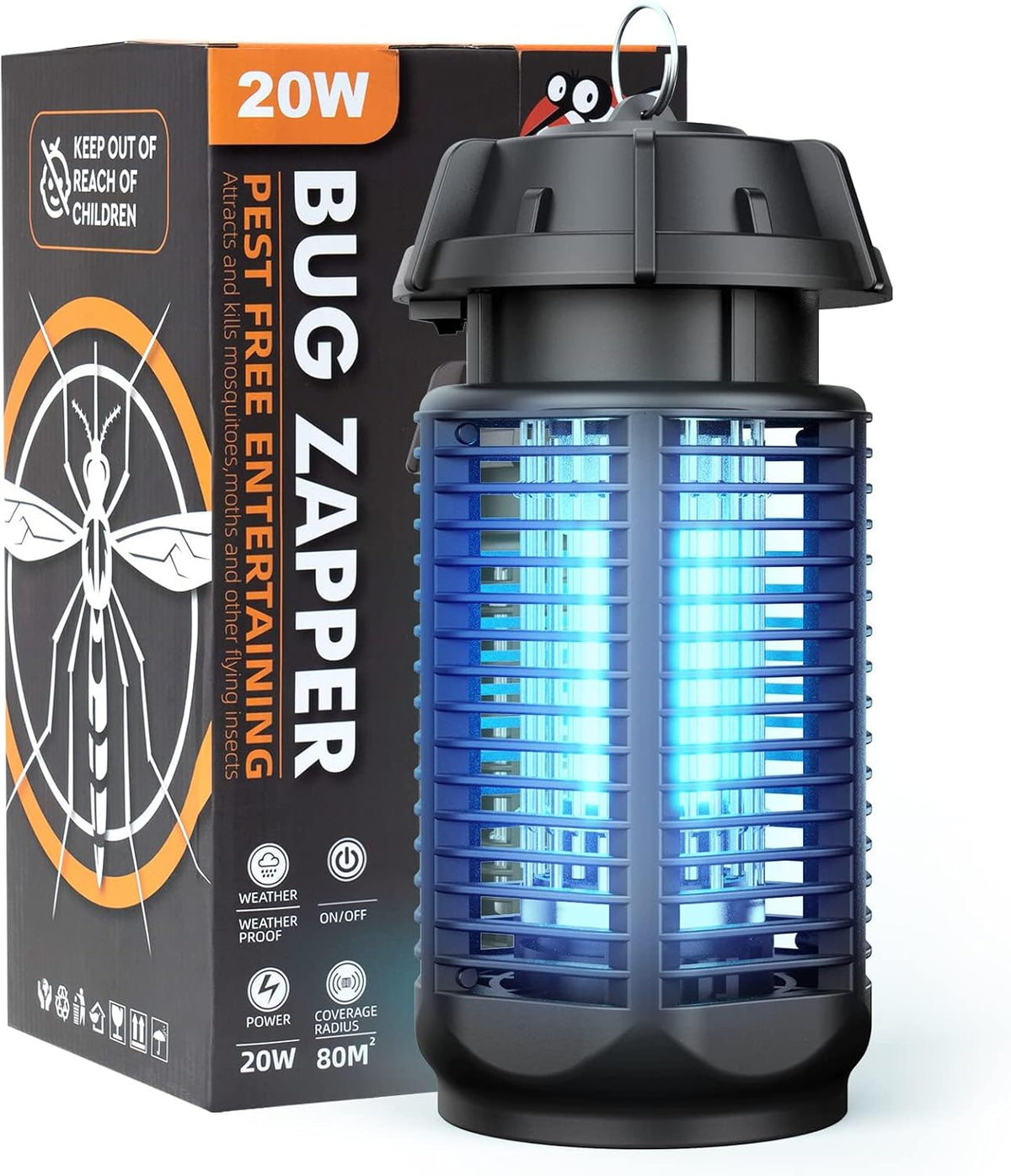 Matainsectos eléctrico con luz UV de 20 W y rejilla de alta tensión de 4200 V, resistente al agua IPX4