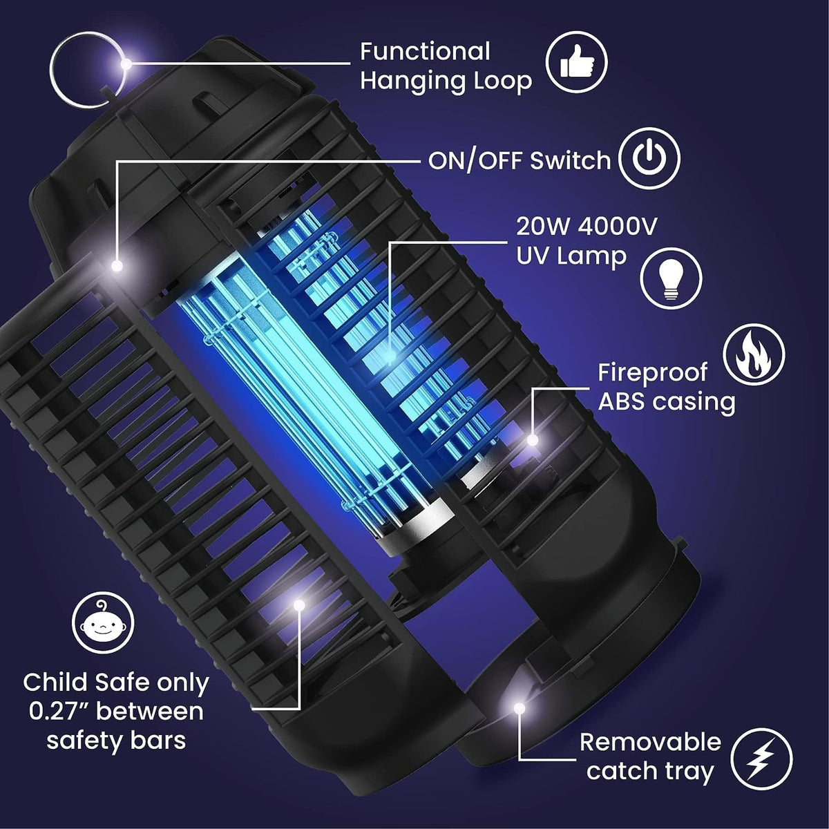 Matainsectos eléctrico con luz UV de 20 W y rejilla de alta tensión de 4200 V, resistente al agua IPX4