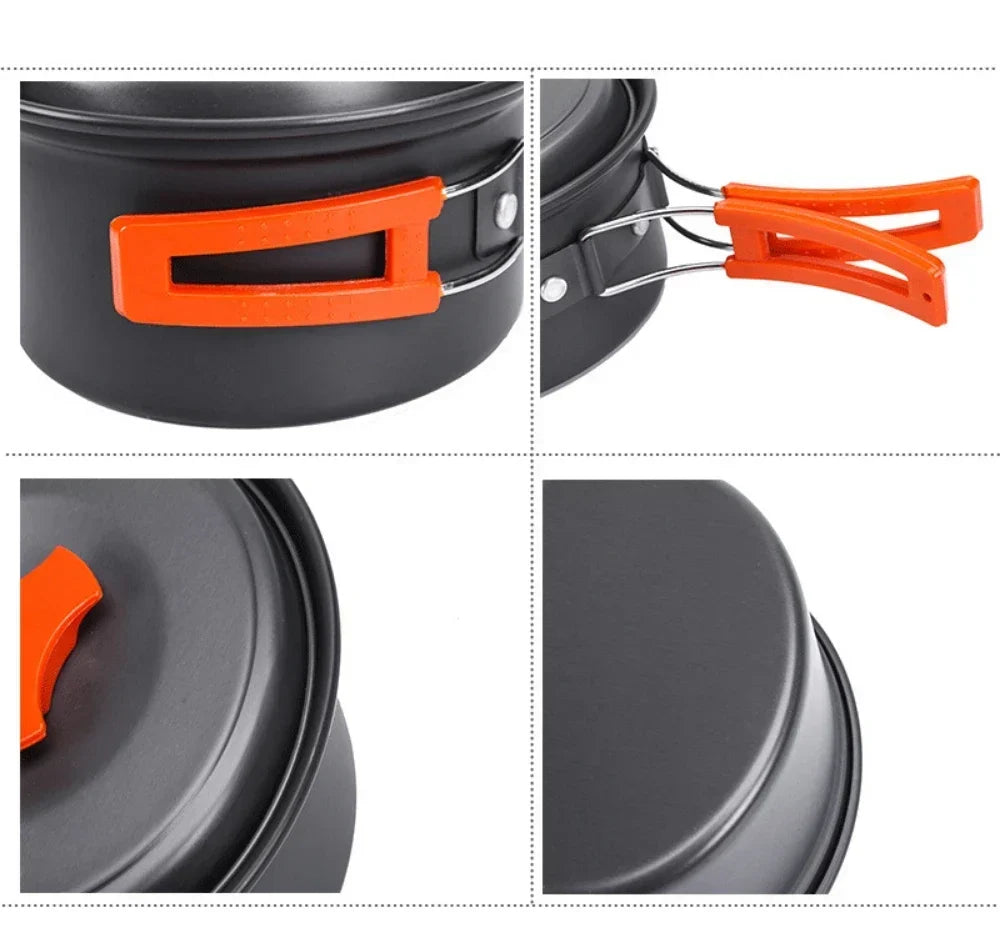 Mini Set de Utensilios de Cocina para Camping 1,8 L - Olla de Aluminio Antiadherente - Almacenamiento Anidado - Verde, Naranja y Negro