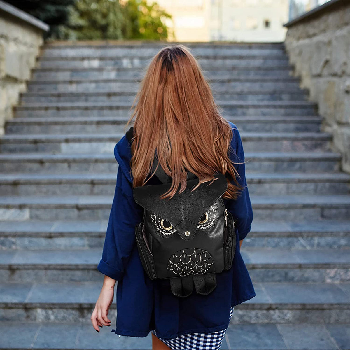 Mochila de cuero PU para mujer con estampado de búho y múltiples bolsillos