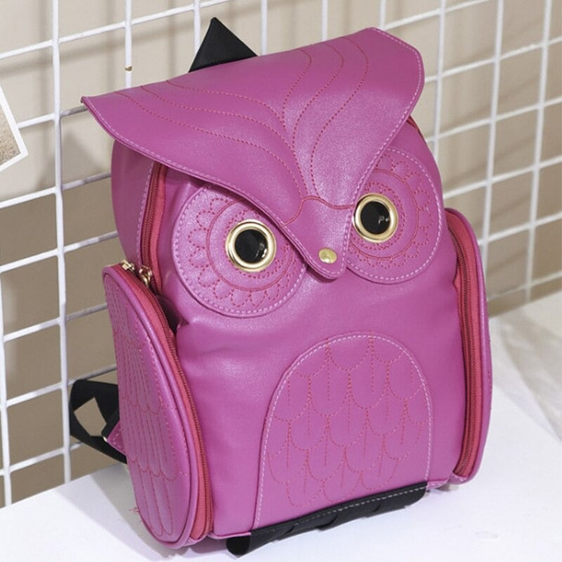 Mochila de cuero PU para mujer con estampado de búho y múltiples bolsillos