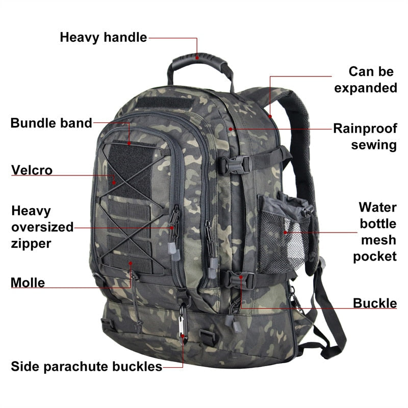 Mochila táctica extensible de 60 L para viajes al aire libre