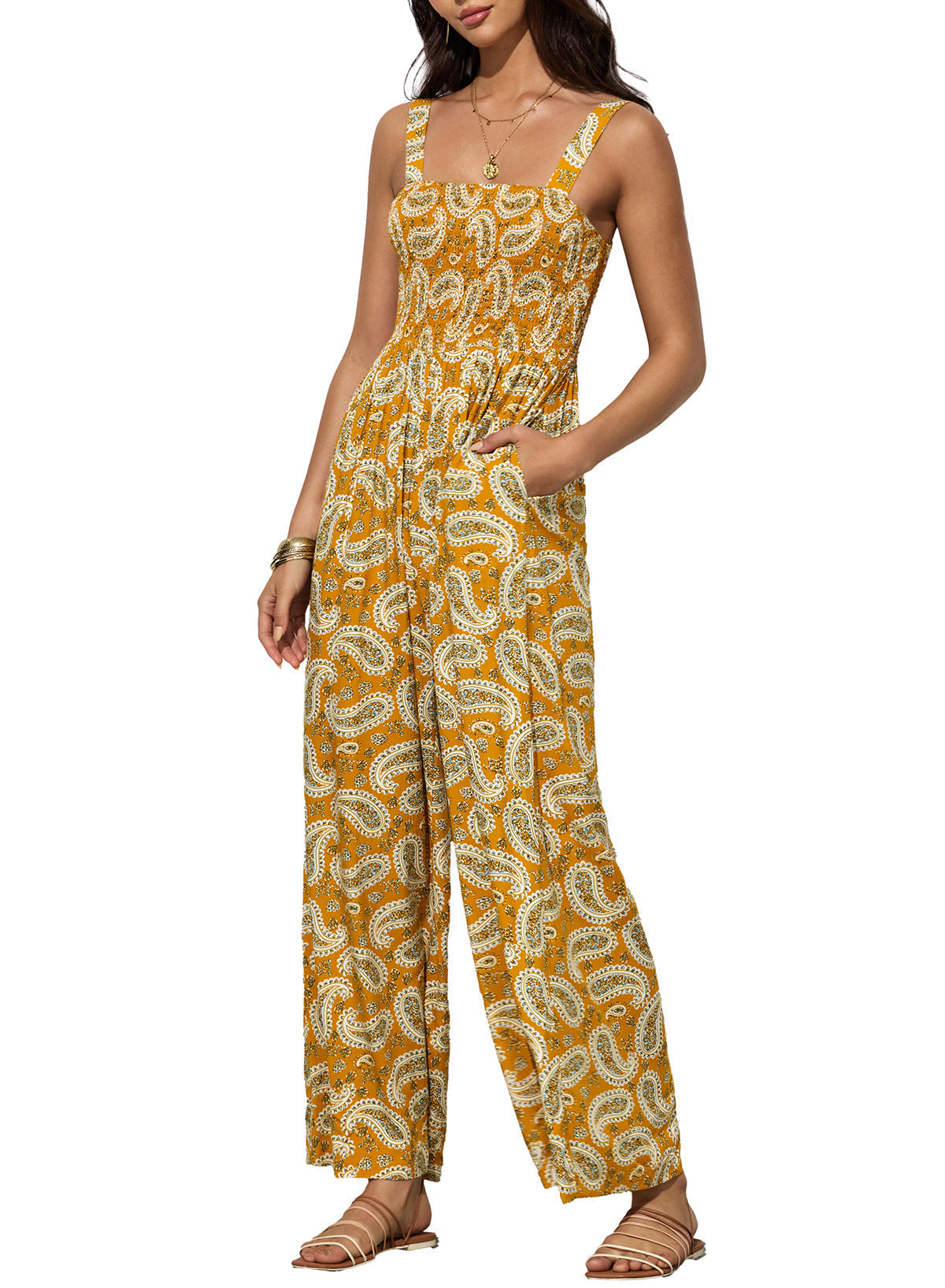 Mono largo de mujer con estampado floral, cuerpo fruncido tipo nido de abeja y pernera ancha