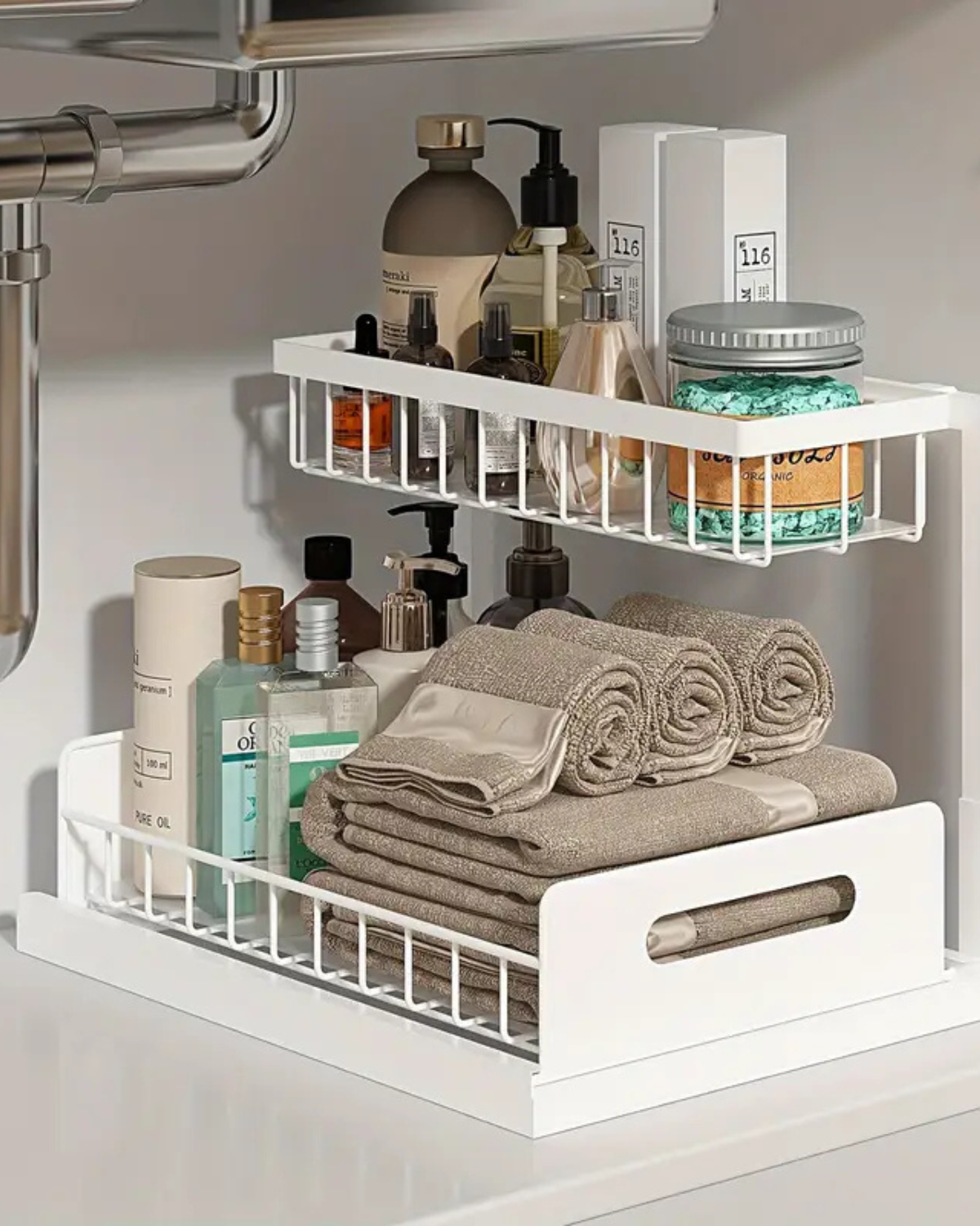 Organizador extraíble para bajo armario de dos niveles en negro y blanco