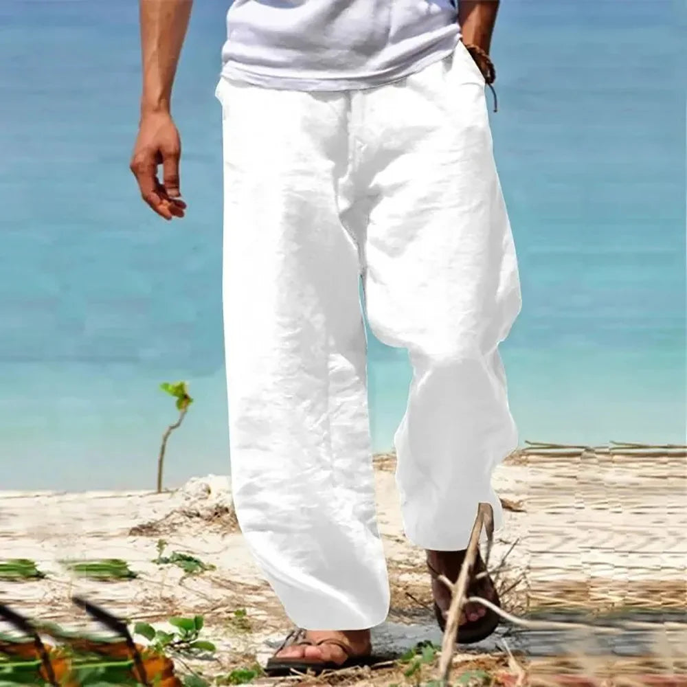 Pantalones casuales para hombre con piernas anchas, cordón ajustable y bolsillos laterales