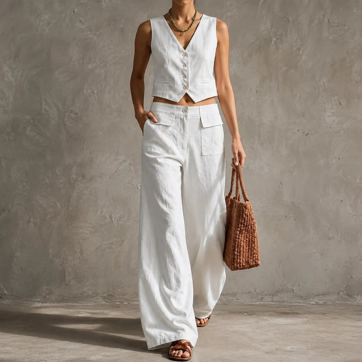 Pantalones de pernera ancha con bolsillos y tiro alto