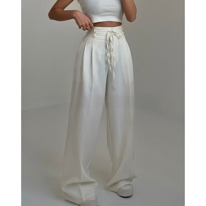 Pantalones de talle alto con pliegues y perneras anchas para mujer