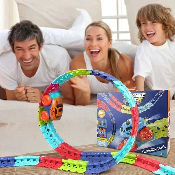 Pista de coches flexible con cochecito LED | Juguete interactivo para niños