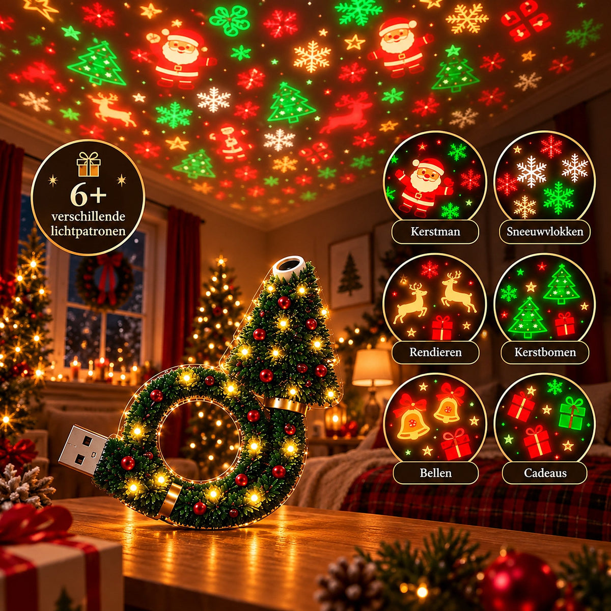 Proyector navideño - Lámpara de proyección USB con forma de árbol de Navidad
