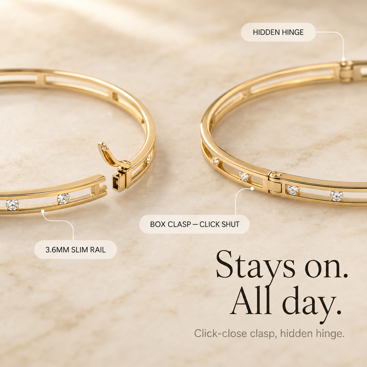 Pulsera Rígida de Oro con Cristales Flotantes