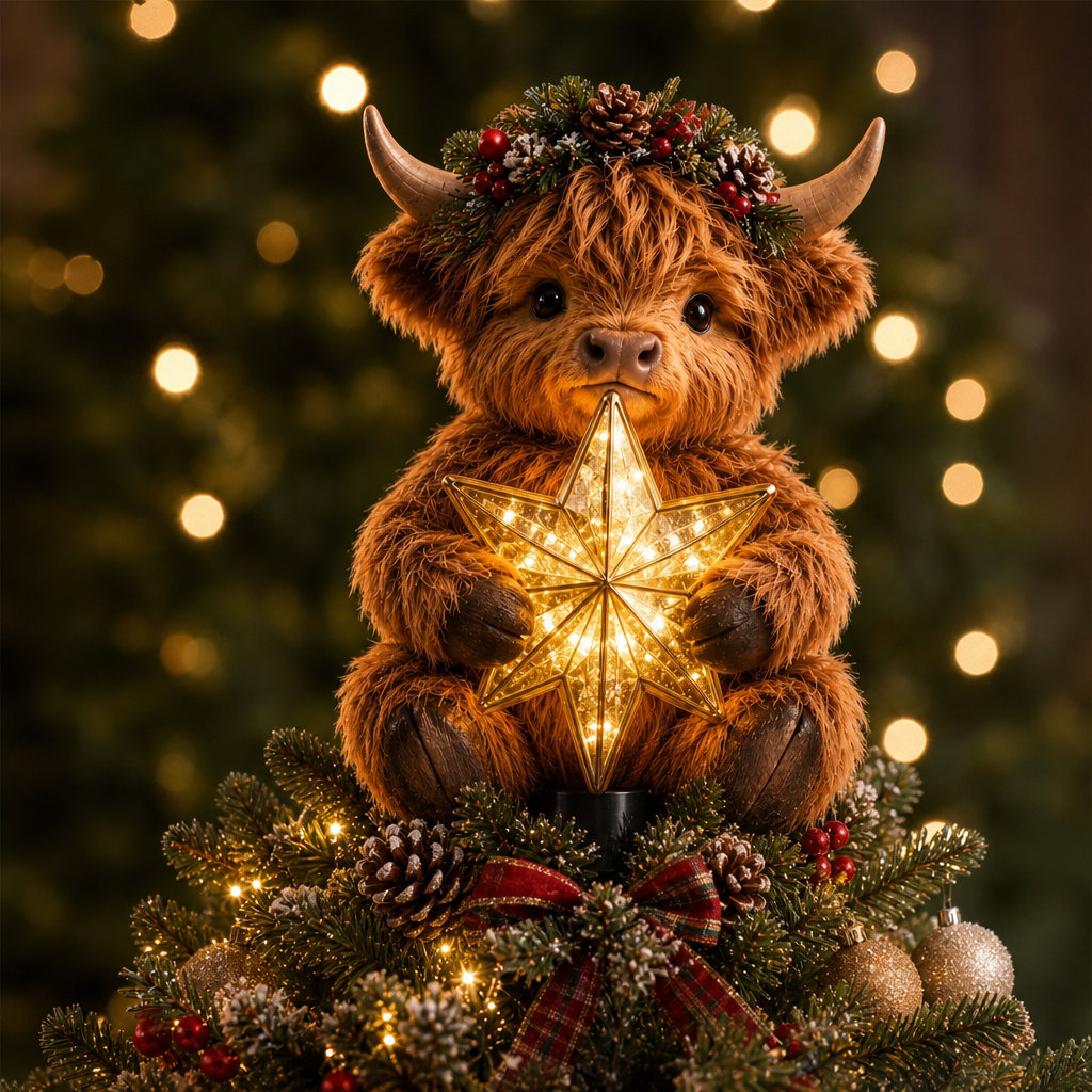Adorno para la punta del árbol de Navidad de vaca de las Tierras Altas con estrella luminosa