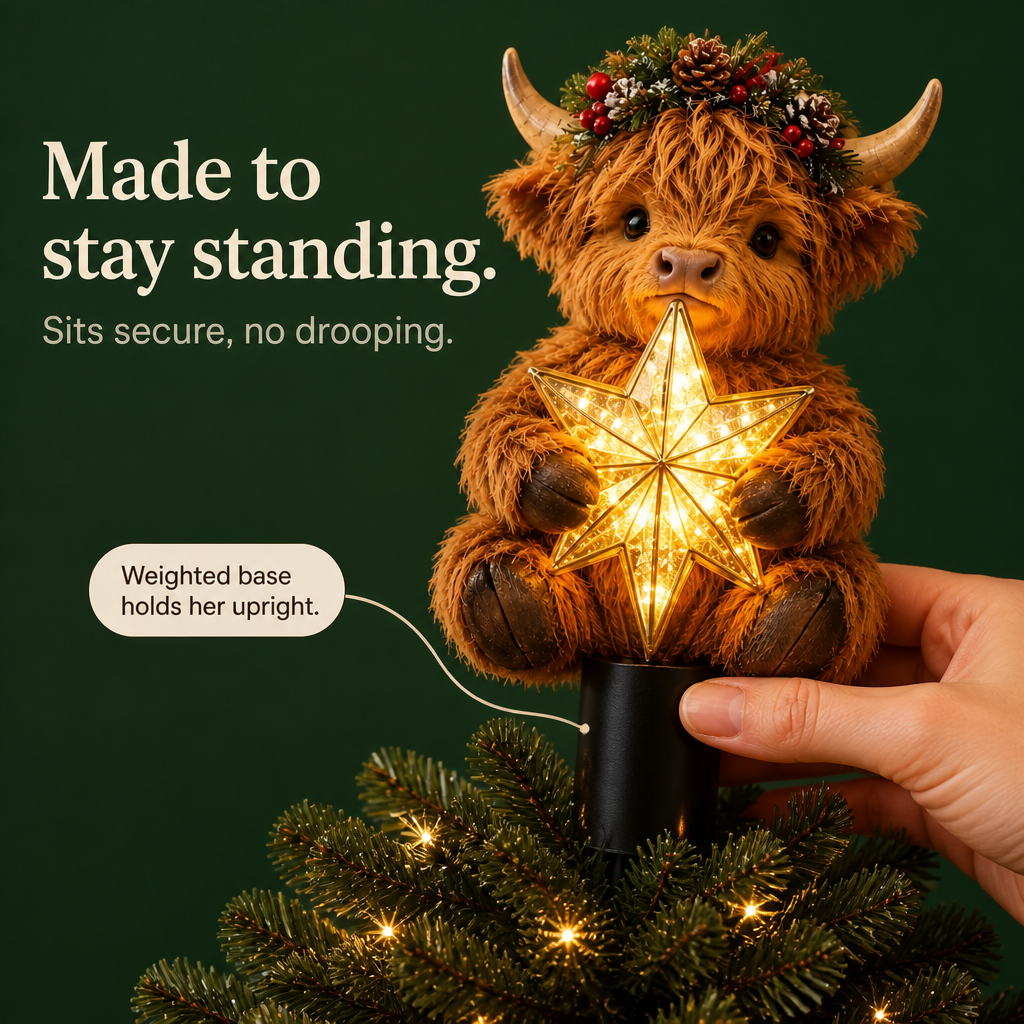 Adorno para la punta del árbol de Navidad de vaca de las Tierras Altas con estrella luminosa