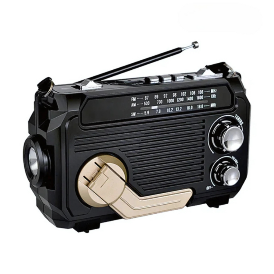Radio de emergencia con batería externa integrada: manivela, carga solar y USB, AM/FM, linterna LED y alarma SOS