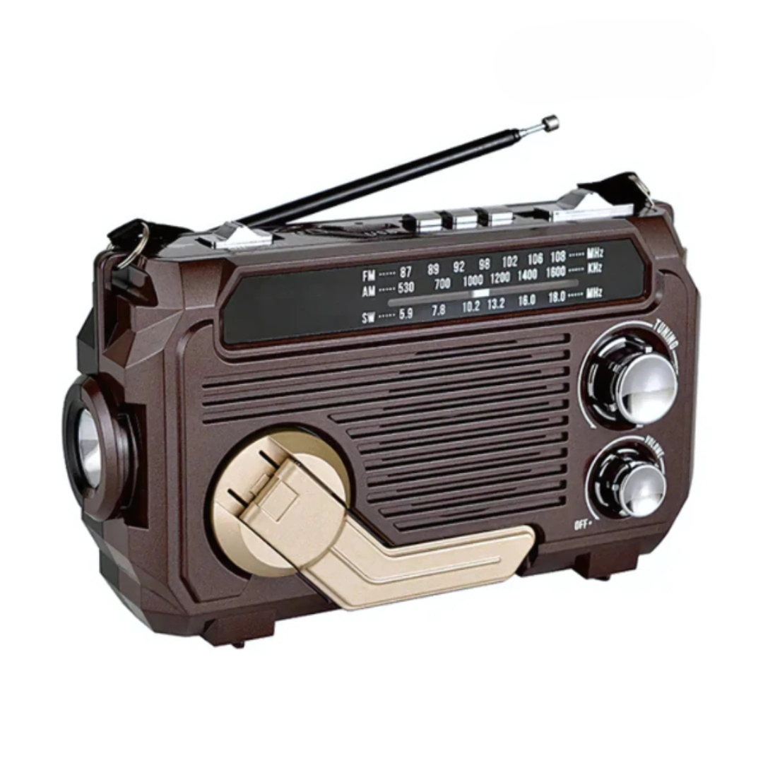 Radio de emergencia con batería externa integrada: manivela, carga solar y USB, AM/FM, linterna LED y alarma SOS