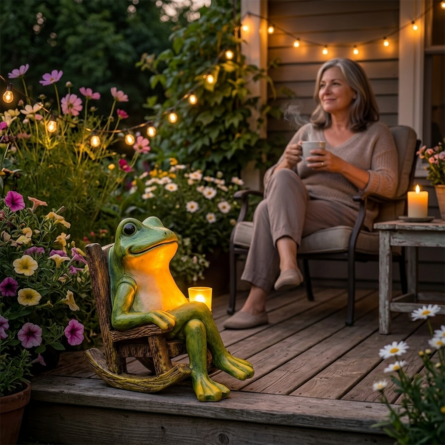 Rana de jardín luminosa en mecedora