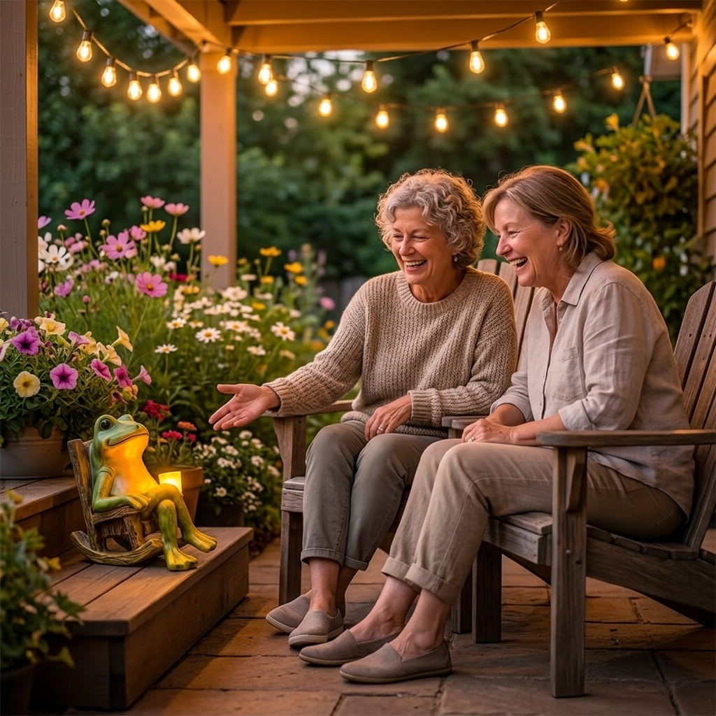 Rana de jardín luminosa en mecedora