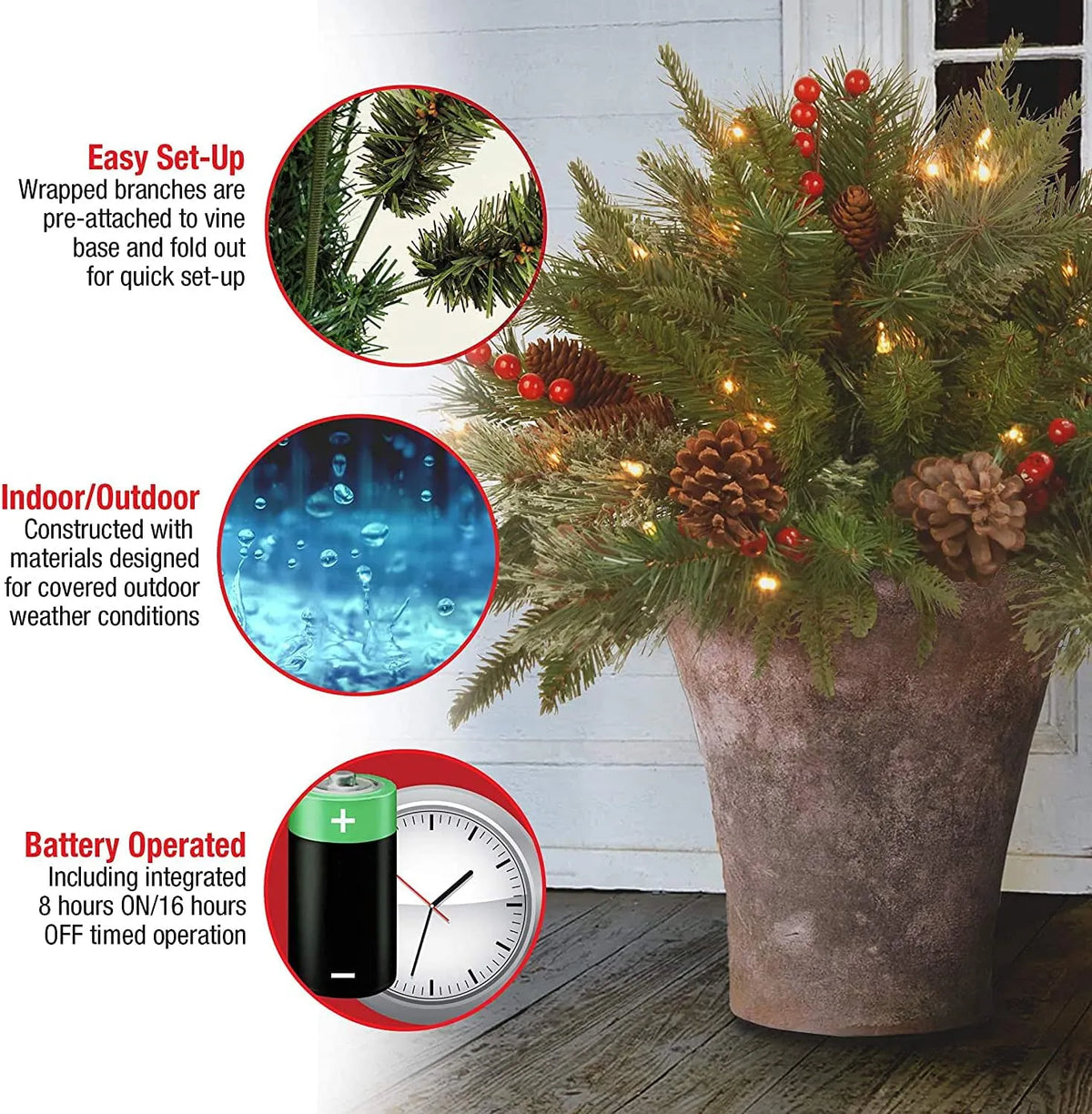 Relleno navideño para macetero preiluminado con luces LED y piñas realistas