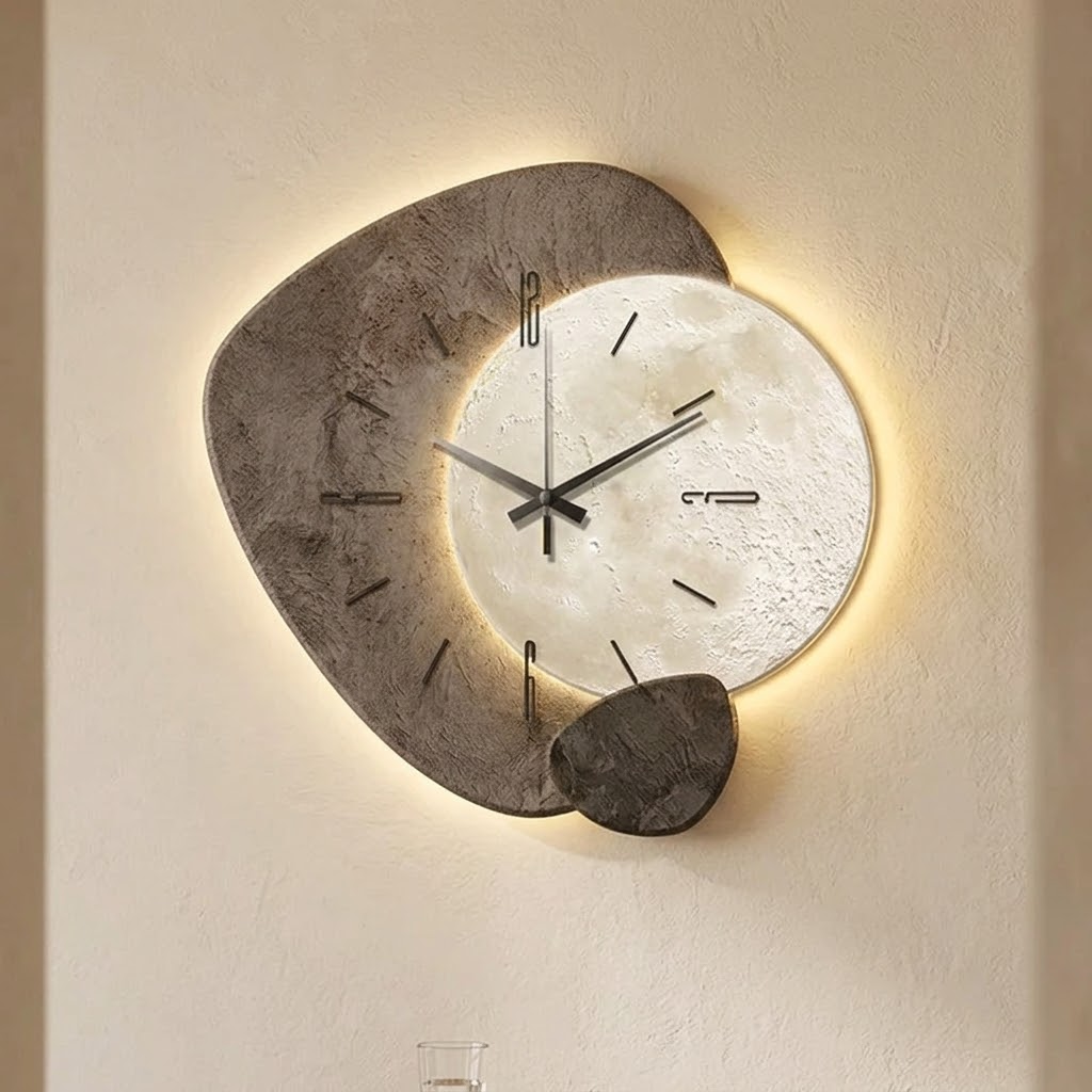 Reloj de pared con diseño lunar y retroiluminación cálida