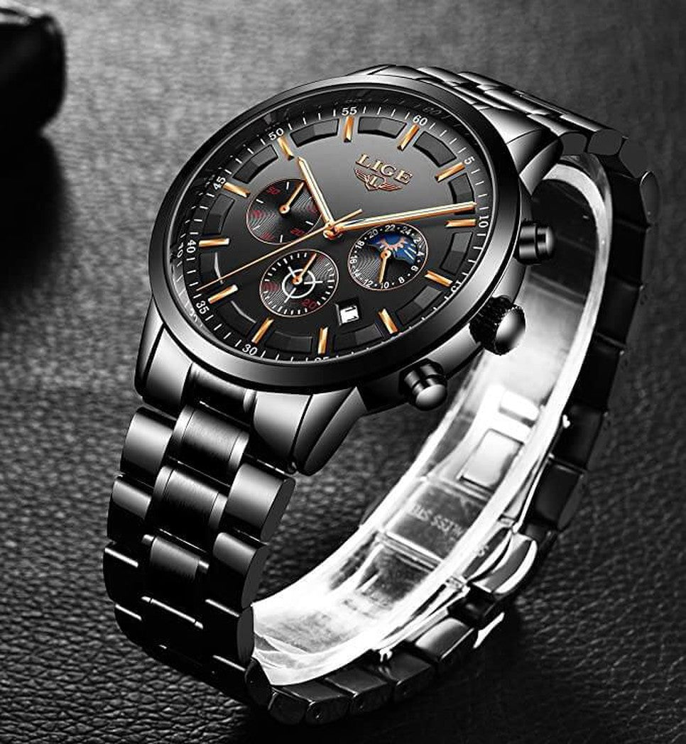 Reloj de pulsera militar negro con correa de acero