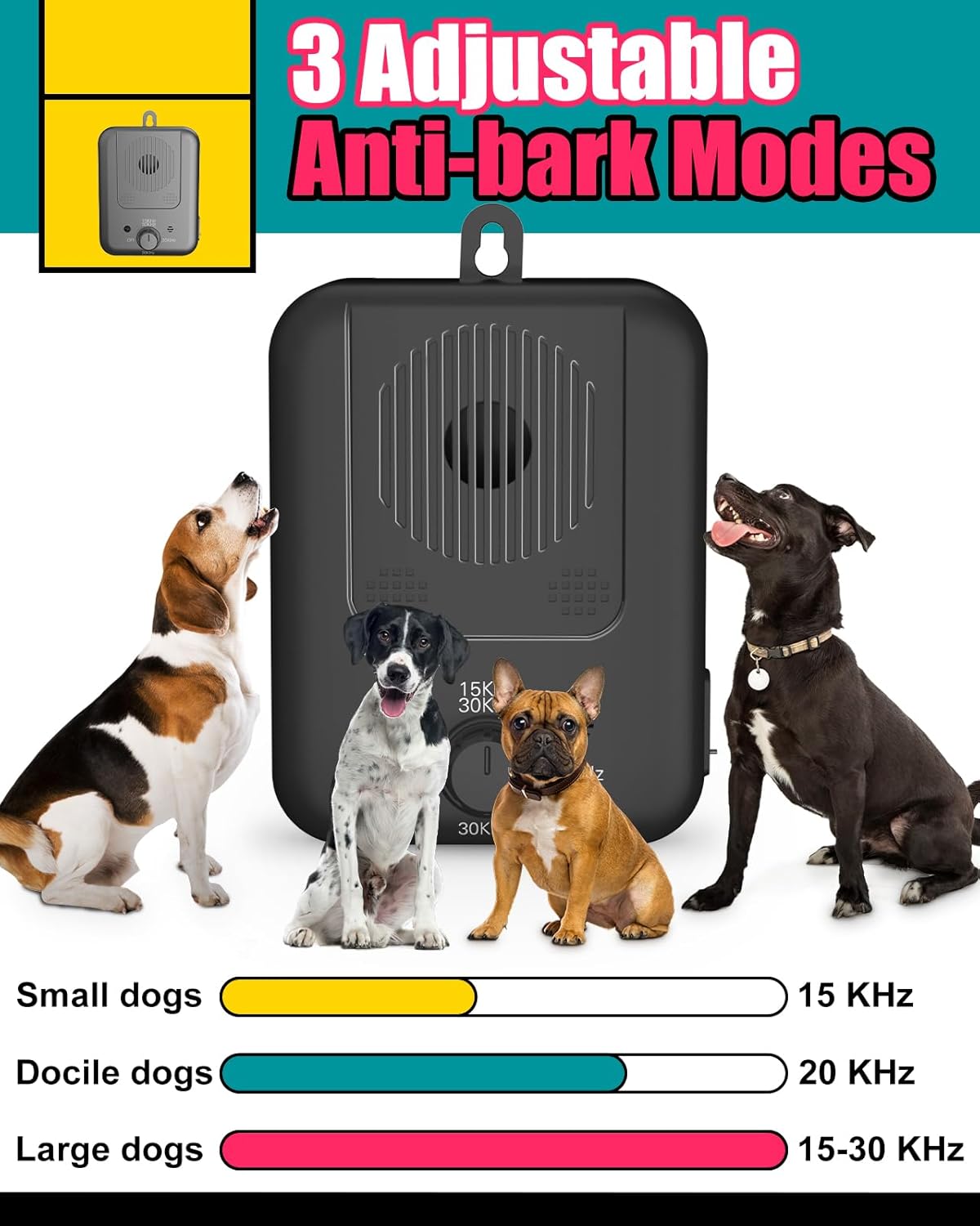 Repelente antiladridos ultrasónico recargable para perros con alcance de 15 metros