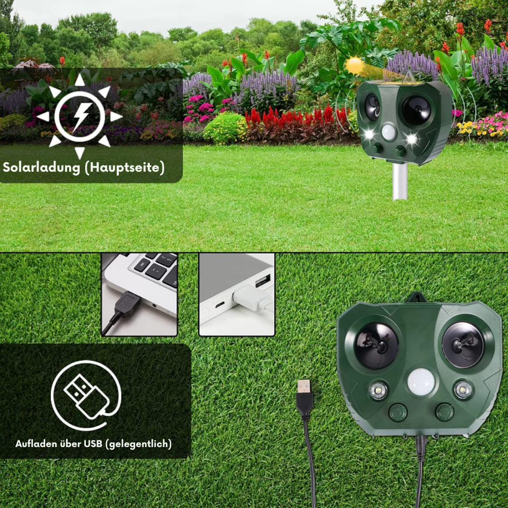 Repelente ultrasónico solar de animales para jardín con 5 modos y alcance de 9 metros, 13,5-45,5 kHz