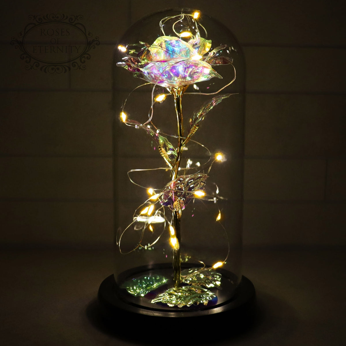 Rosa eterna | Rosa dorada en cúpula de cristal con iluminación LED