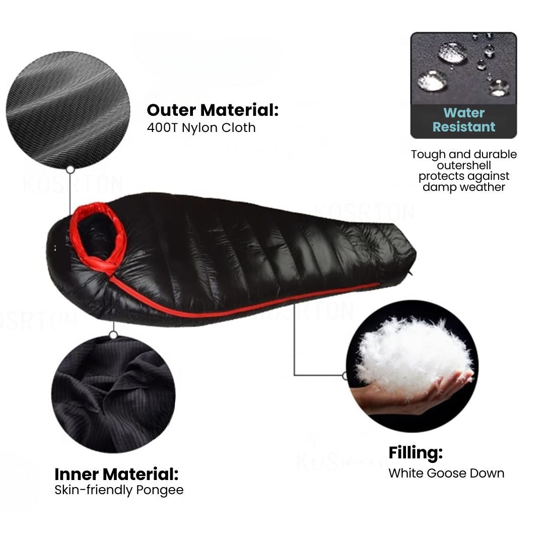 Saco de dormir de invierno – Aislamiento de plumas, nailon ripstop 400T, clasificación térmica de 20 °C