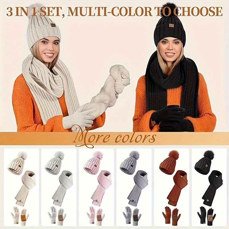 Set de Invierno 3 en 1 – Gorro Tejido Cálido, Bufanda y Guantes
