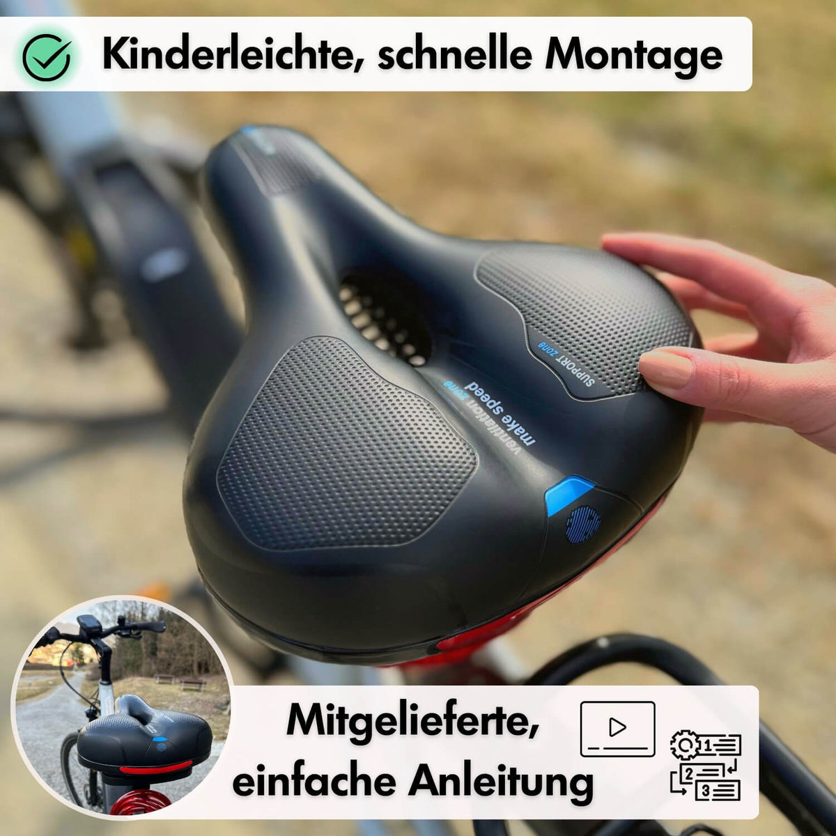 Sillín para bicicleta con espuma viscoelástica para alivio de la presión - Negro