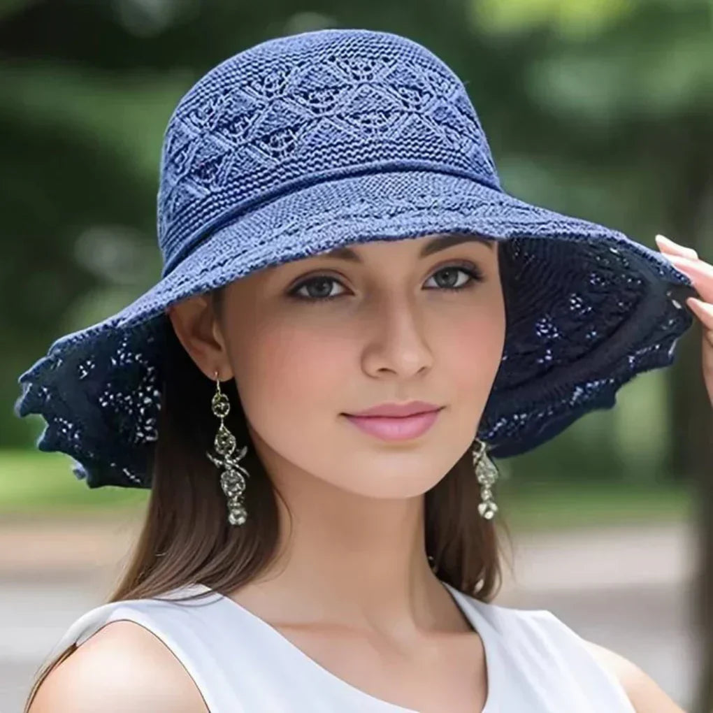 Sombrero para el sol para mujer de ala ancha con detalles de ganchillo