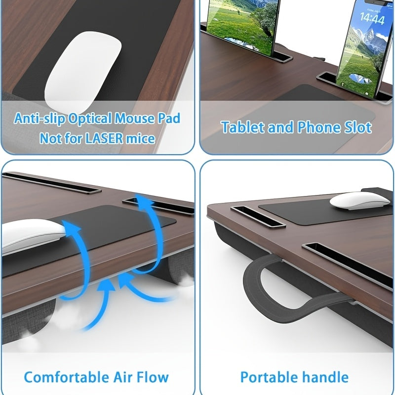 Soporte ergonómico para ordenador portátil con reposamuñecas y ranuras para dispositivos