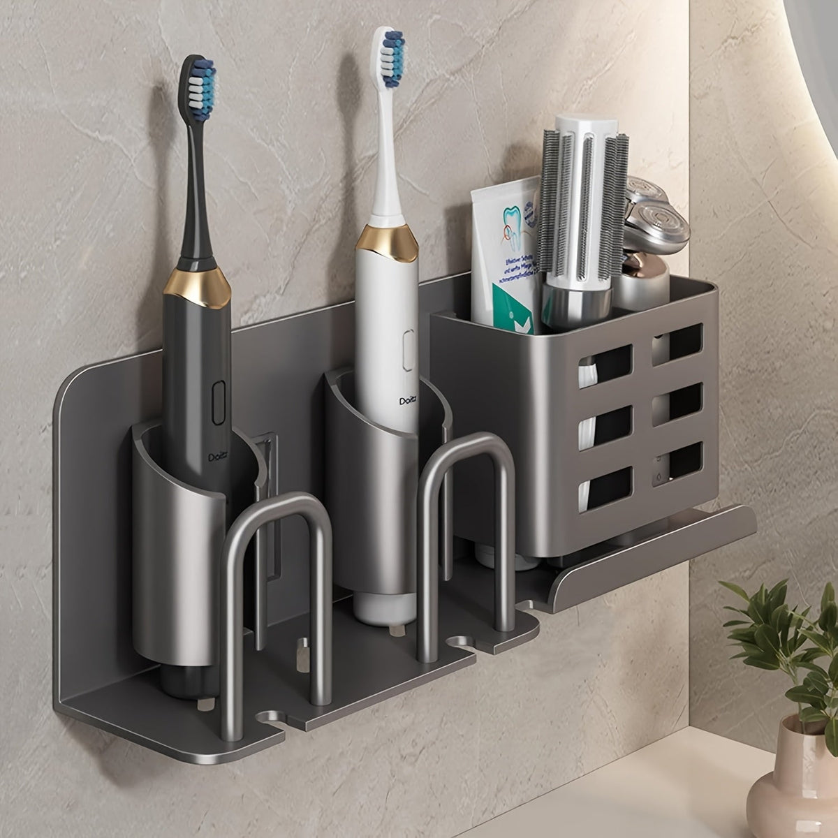 Soporte Mural de Aluminio para Cepillo de Dientes Eléctrico – Organizador de Baño con Orificios de Drenaje