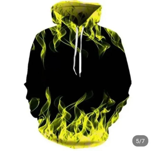 Sudadera con capucha con diseño exclusivo de llamas y mezcla de materiales innovadora