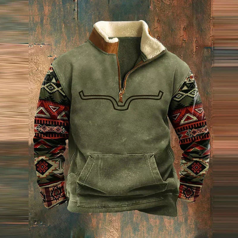 Sudadera de forro polar para hombre de estilo western con cuarto de cremallera