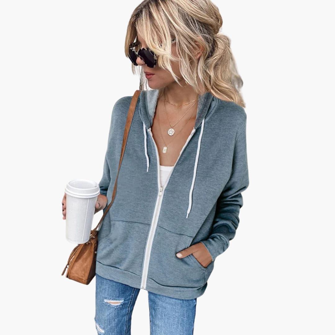 Sudadera de mujer con capucha, cremallera y bolsillos laterales
