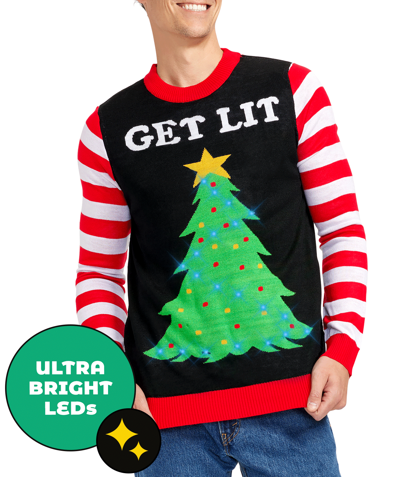 Suéter navideño para hombre con árbol de Navidad, luces LED y mangas de bastón de caramelo para fiestas navideñas