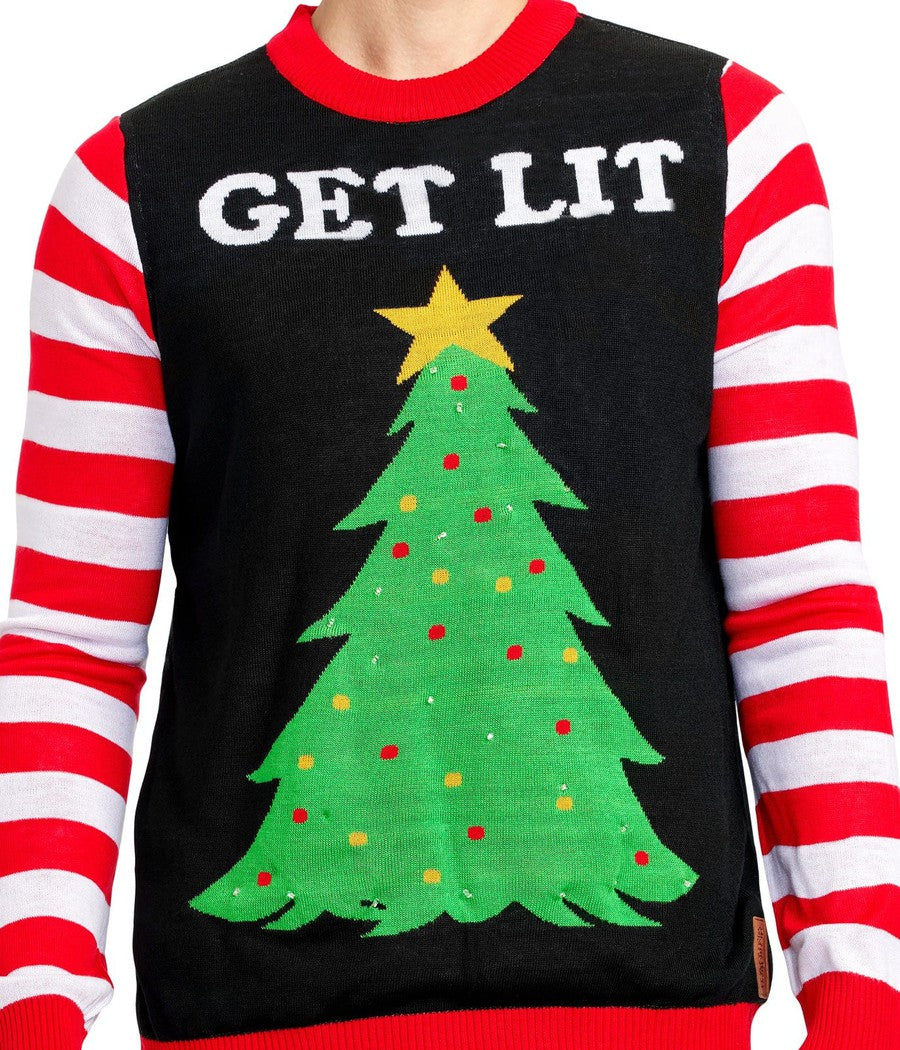 Suéter navideño para hombre con árbol de Navidad, luces LED y mangas de bastón de caramelo para fiestas navideñas