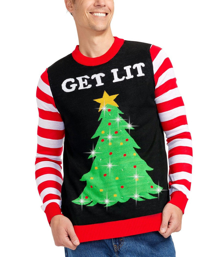 Suéter navideño para hombre con árbol de Navidad, luces LED y mangas de bastón de caramelo para fiestas navideñas