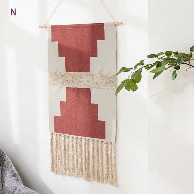 Tapiz de Pared Tejido con Estampado Geométrico y Borlas
